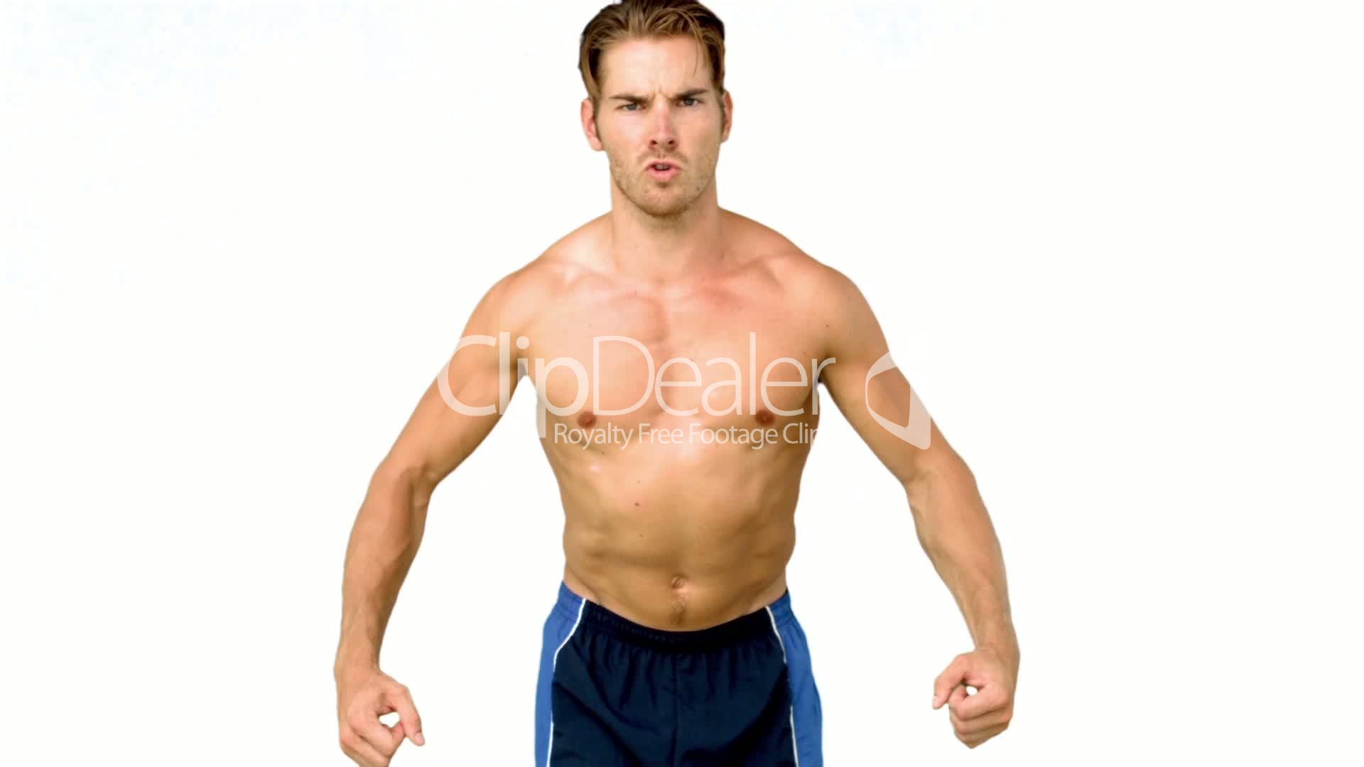 Shirtless Man Flexing Muscles In Slow Motion On White 