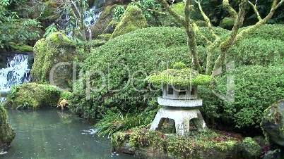 Japanese Stone Lantern Pagoda and Waterfall