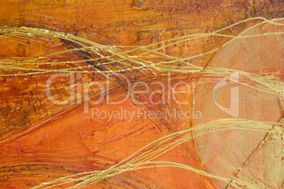 Orange abstract painting with golden lines