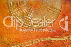 Orange abstract painting with golden lines