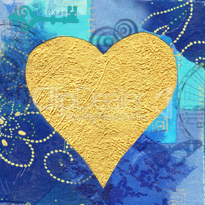 Golden heart on blue background