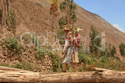 Bäuerin auf Brücke, Südamerika