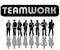 Geschäftsleute mit Motivations-Slogan "Teamwork"