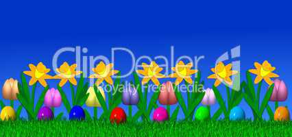 Osterhintergrund mit Blumen und Eiern