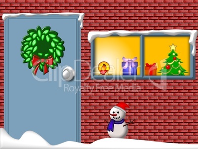 Schneemann vor weihnachtlichem Haus
