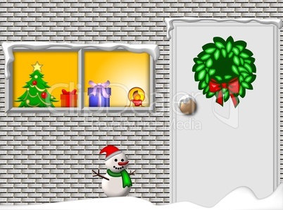 Schneemann vor weihnachtlichem Haus