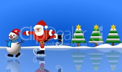 Weihnachtsmann mit Schneeman beim eislaufen