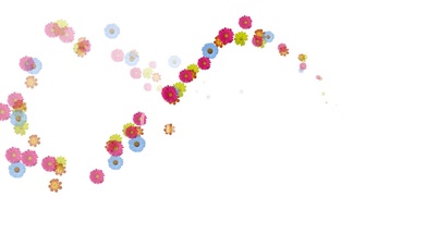 Animation of swirl flowers flying on white background, alpha channel included