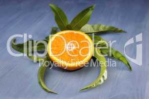 Halbe Orange mit Blättern