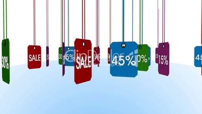 3d animation - rotating colorful sale and percentage tags