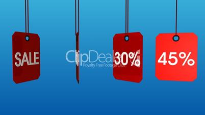 3d animation - rotating sale and percentage tags on blue background - loopable