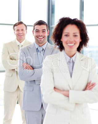 Smiling businessman in a row