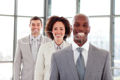 Smiling businesswoman in a line
