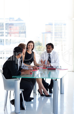 Business team working together in office with copy-space