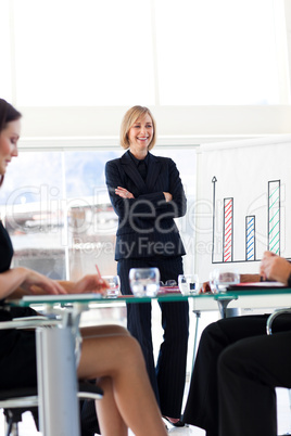 Businesswoman smiling at her team in a presentation