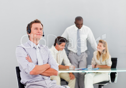 Businessman with a headset on