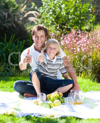 Father and son having a picinic with thumbs up