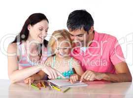 Parents helping their daughter doing homework