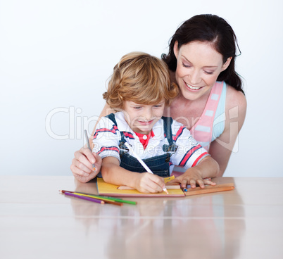 Mother and son doing homework together