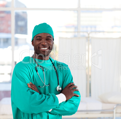 Portrait of an Afro-American surgeon smiling at the camera