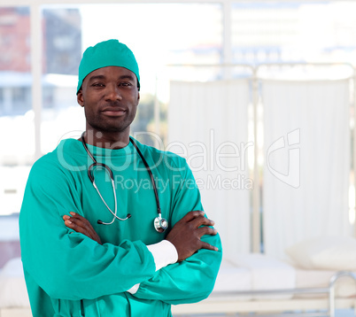 Portrait of a serious Afro-American surgeon looking at the camer