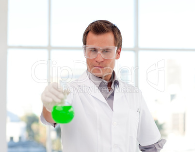 Serious scientist examining a chemical test-tube