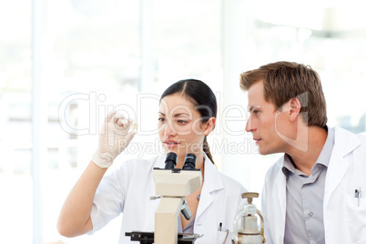Scientists looking at a slide under a microscope