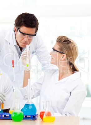 Scientists studying test-tubes