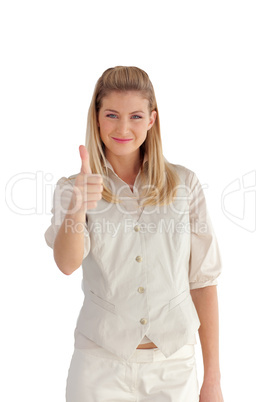 Businesswoman with one thumb up