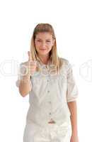 Businesswoman with one thumb up