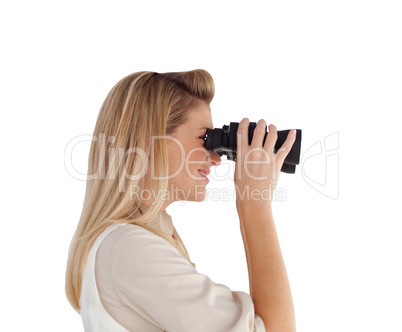 Young woman looking through Binoculars