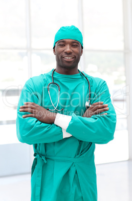 Male african American Surgeon with arms Folded