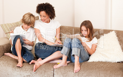 Family relaxing on sofa