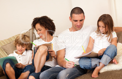 Family relaxing on sofa