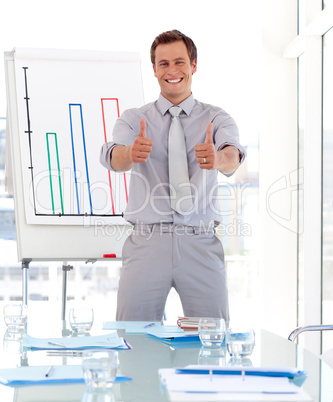 Man giving a presenentation with Thumbs up