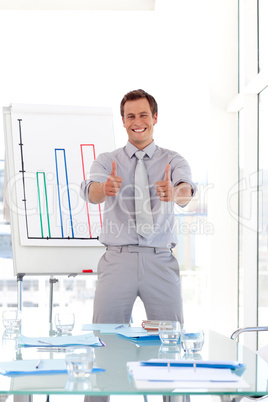 Man giving a presenentation with Thumbs up