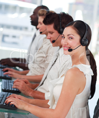 Attractive woman smiling on headset
