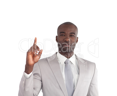 Businessman poiting upwards