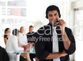 Man smiling on headset