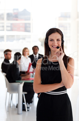 Business woman with headset on