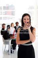 Business woman with headset on