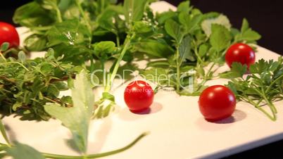 Teller mit versch. Gartenkräuter und Tomaten