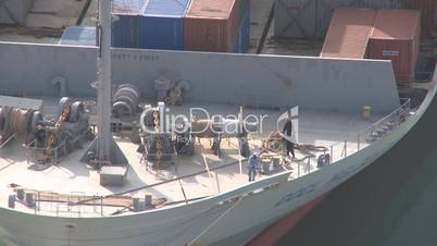 Mooring ropes being readied on container ship