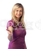 Woman with hand extended to show welcome