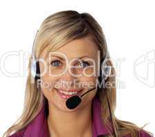 Young business woman talking on a headset