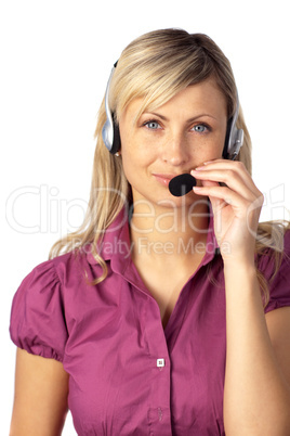 Young business woman talking on a headset