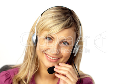 Business woman talking on a headset