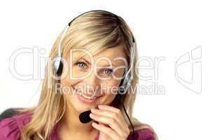 Business woman talking on a headset