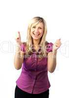 Young woman with both thumbs up