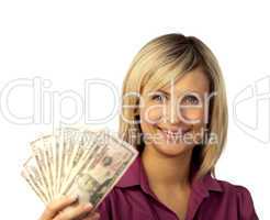 happy woman holding dollars